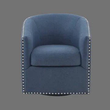 A blue chair with silver studs on the back.