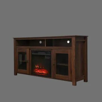 A television stand with a fireplace inside of it