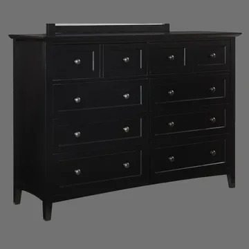 A black dresser with multiple drawers and a top drawer.