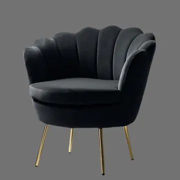 A black chair with gold legs and a gray background