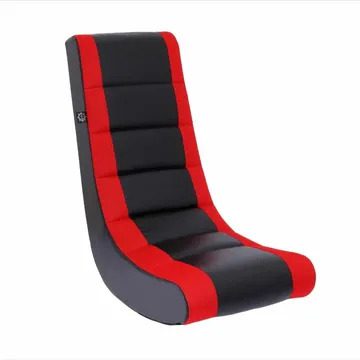 A black and red gaming chair is sitting on the floor.