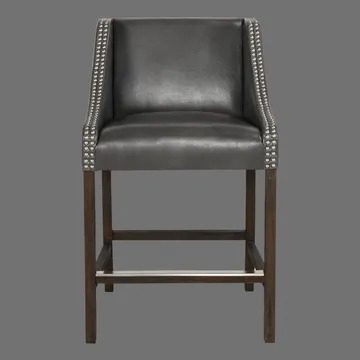 A black leather bar stool with wooden legs.