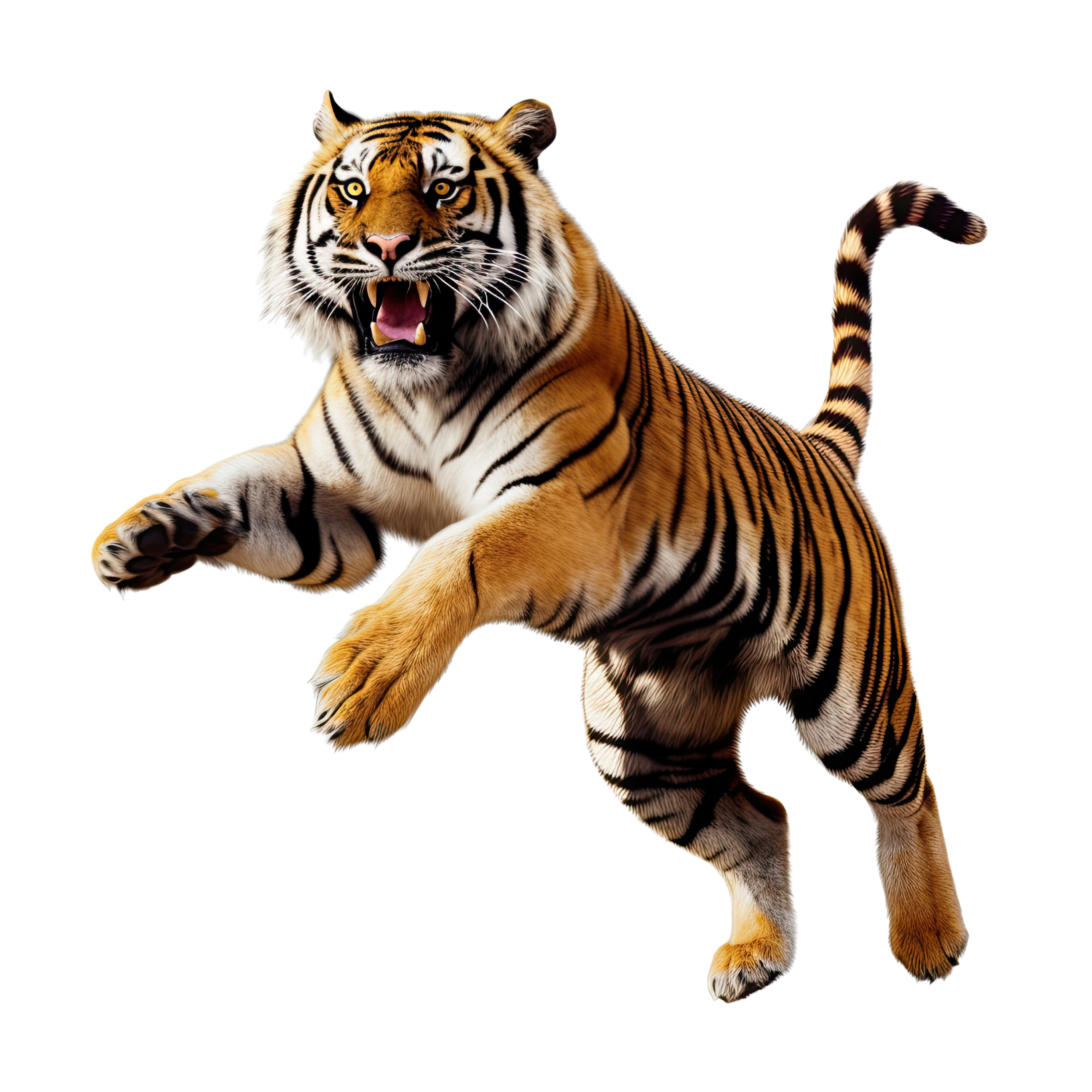 A tiger is jumping in the air with its mouth open.
